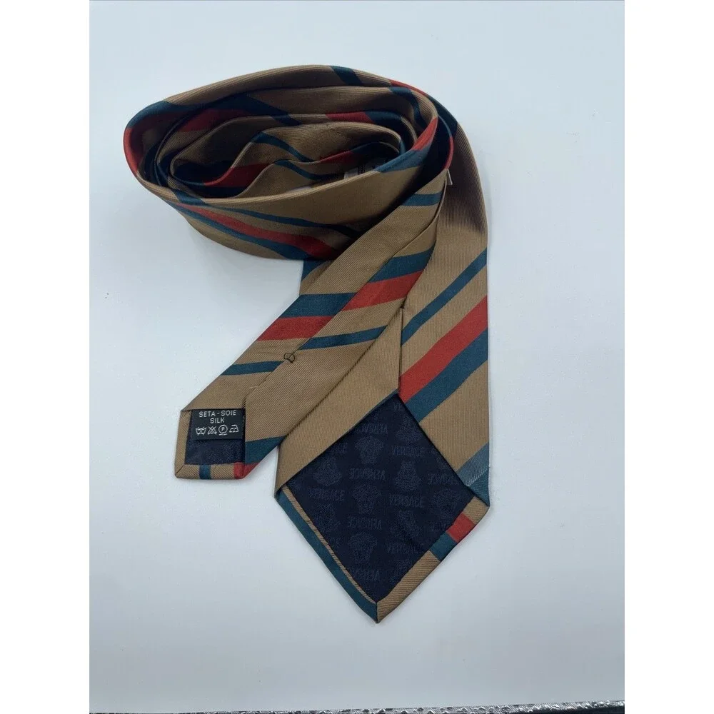 Gianni Versace Tie Men's 100% Silk Gold Brown W Red Blue Stripes Made in Italy